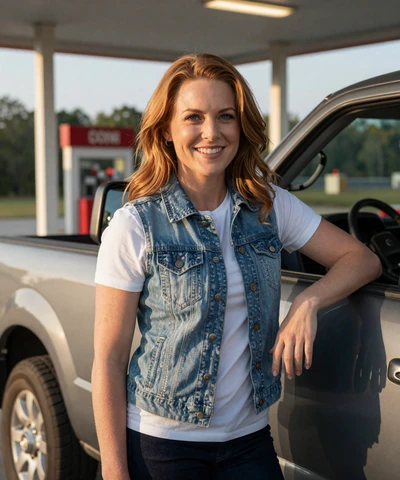 Renee, 37, in a denim vest at a Georgia rest stop - trucker singles Atlanta profile