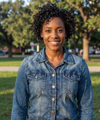 Tanya, 33, in a denim jacket at a Houston park - CDL dating Houston profile