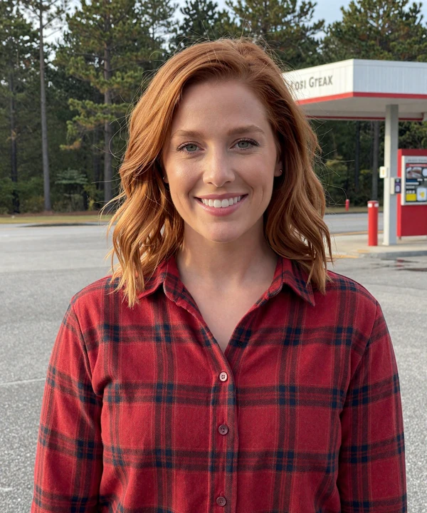 Woman in a flannel shirt at a Georgia rest stop - trucker dating Georgia profile