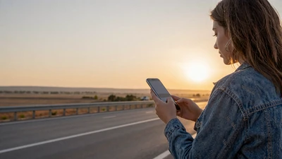 Woman on a highway overlook at sunset - long-distance trucker relationships