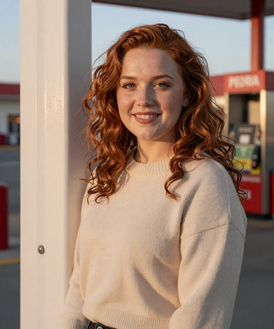 Nicole, 29, in a sweater at a Peoria gas station - CDL dating Illinois profile
