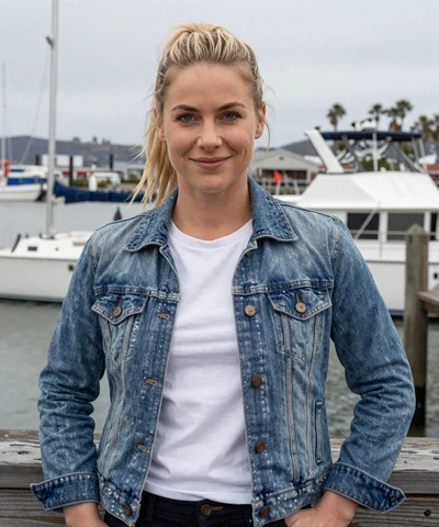 Lauren, 33, in a denim jacket near a San Francisco pier - CDL dating California profile