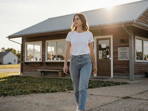 Hannah, 30, walking toward a Nebraska roadside cafe - trucker dating Nebraska lifestyle