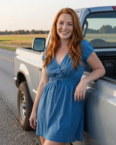 Woman leaning against a pickup truck at golden hour - choosing the right profile photos for trucker dating