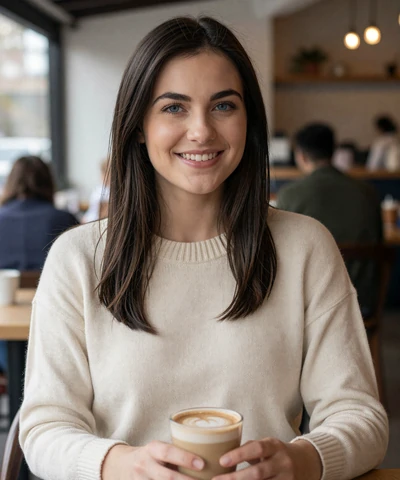 Kayla, 28, in a sweater at a Columbus cafe - trucker dating Ohio profile