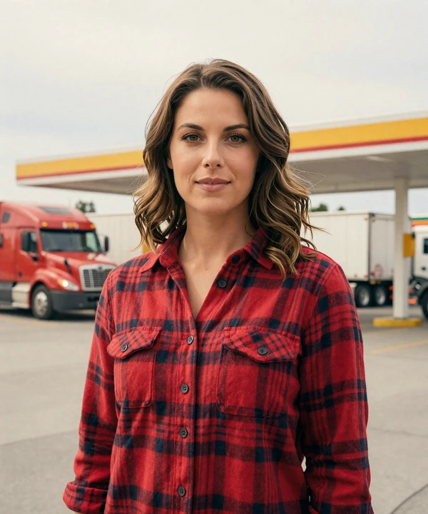 Woman in a flannel shirt at a Pennsylvania truck stop - trucker dating Pennsylvania profile
