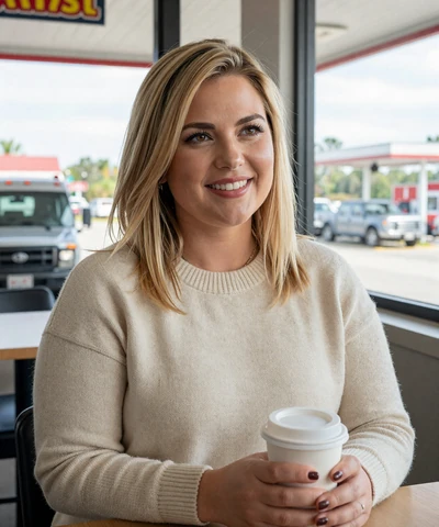 Danielle, 38, holding coffee at a truck stop cafe near I-40 - trucker singles Arkansas profile