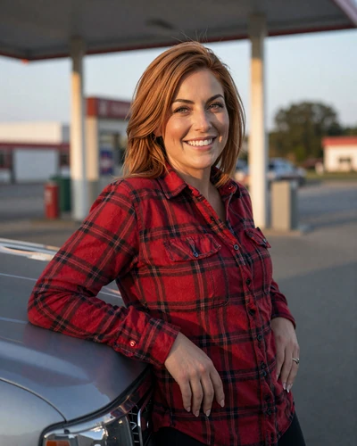 Woman in a flannel shirt leaning on a truck fender - niche trucker dating platform lifestyle