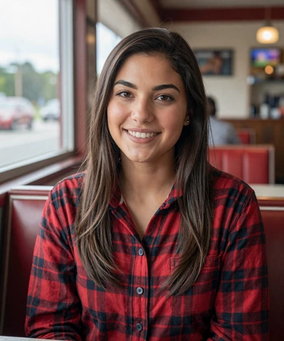 Jessica, 28, in a flannel shirt at a Texas roadside diner - trucker dating profile