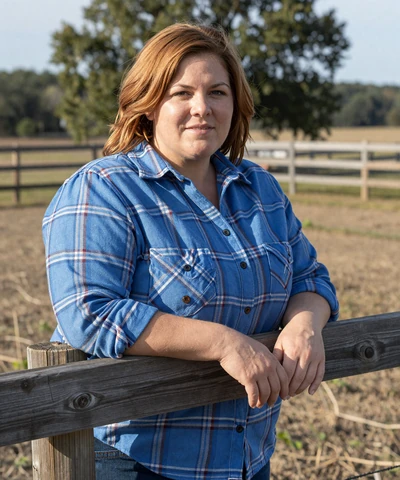 Rachel, 39, leaning on a fence post at a rural Nebraska farm - trucker dating site profile