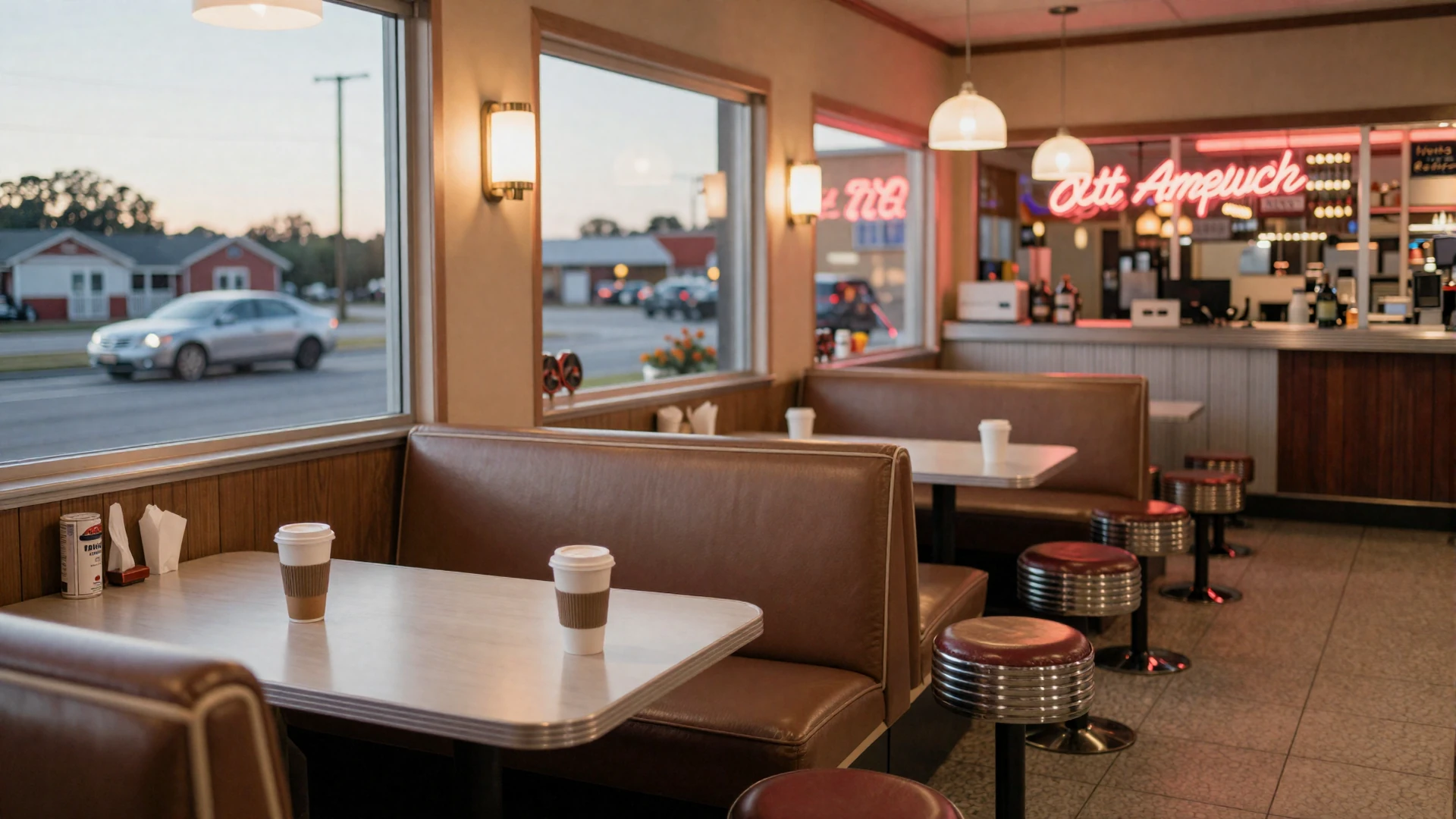 American roadside diner interior at evening with warm neon glow - safe trucker dating