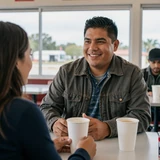 Carlos and his partner at a Florida diner after trucker dating app success