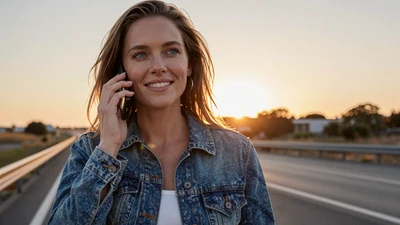 Woman smiling on a phone call at sunset - long-distance trucker relationships