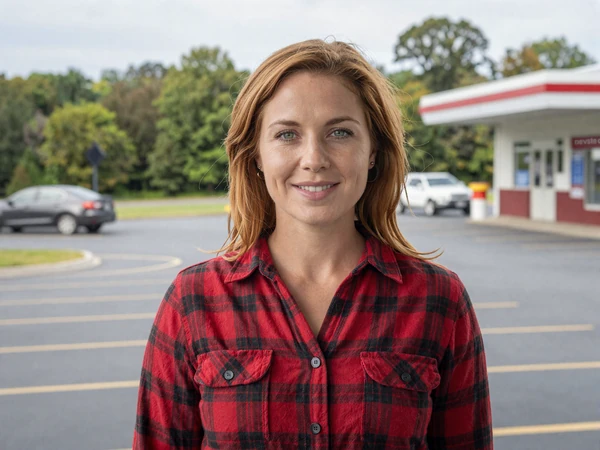 Rachel, 34, in a flannel shirt at an upstate New York rest area - trucker dating New York lifestyle
