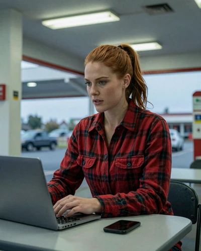 Woman at a truck stop table with a laptop - optimizing trucker dating apps for slow Wi-Fi