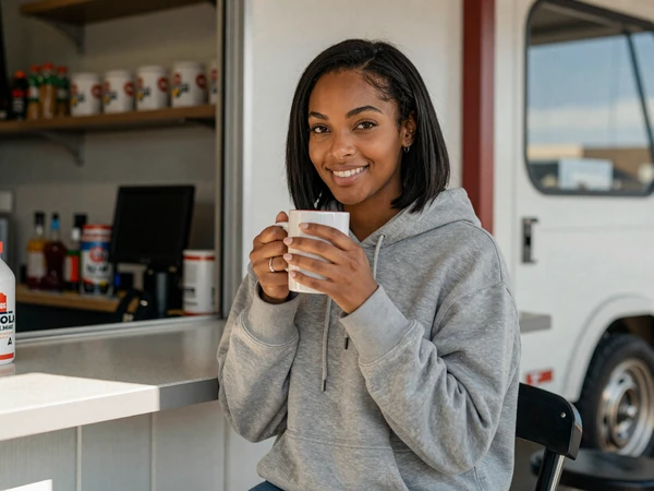 Lauren, 29, in a hoodie at an Iowa truck stop coffee counter - trucker dating app Iowa