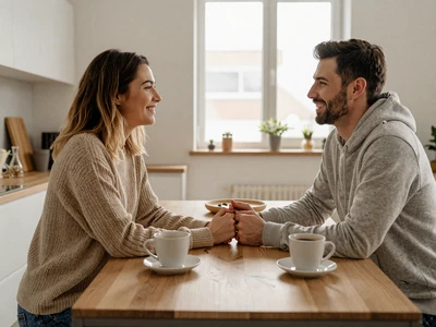 Couple holding hands at a kitchen table during truck driver home time