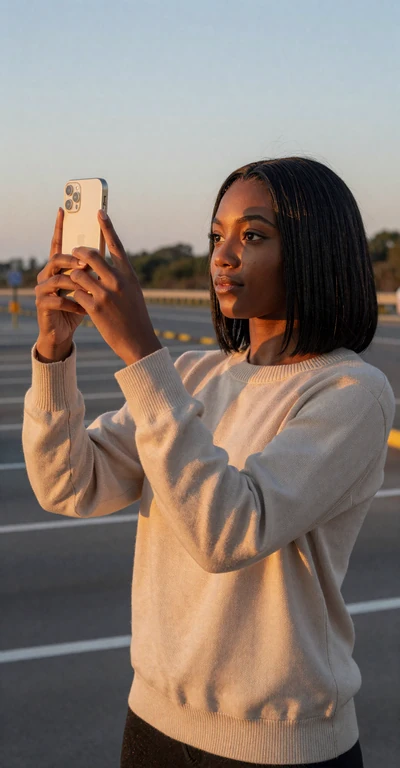 Woman photographing a sunset at a highway rest area - practical habits for beating truck driver loneliness