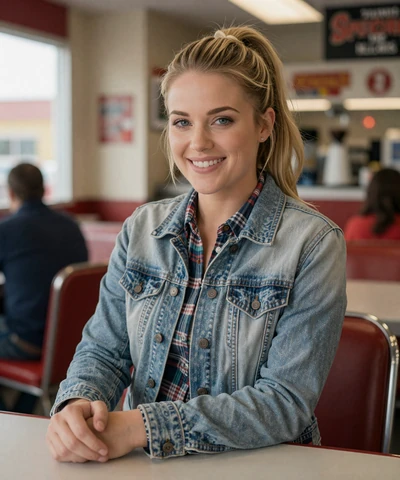 Kayla, 34, in a flannel shirt at an Iowa welcome sign - trucker dating Iowa profile