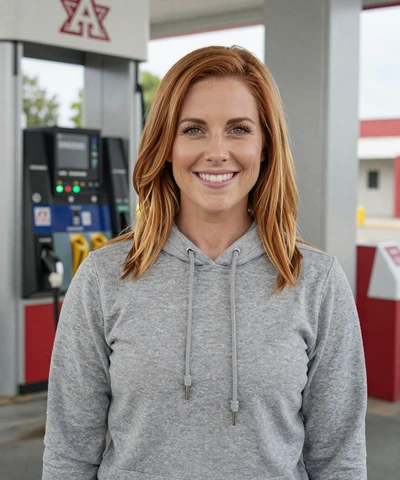 Rachel, 34, in a hoodie at an Arkansas gas station - trucker dating Arkansas profile