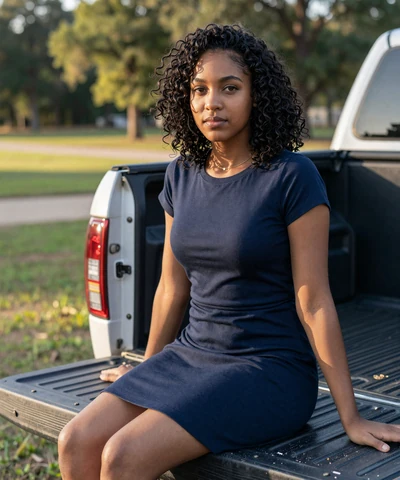 Kayla, 27, on a tailgate at a rural Arkansas park - CDL dating profile photo
