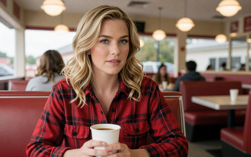 Woman in flannel shirt at a roadside diner near Little Rock - trucker dating Arkansas route matching