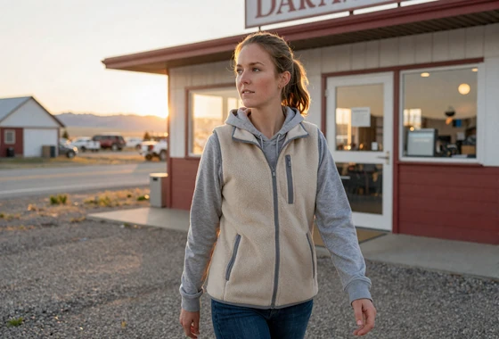 Dakota, 30, in a vest and hoodie walking toward a Wyoming roadside diner at sunset - trucker dating Wyoming lifestyle