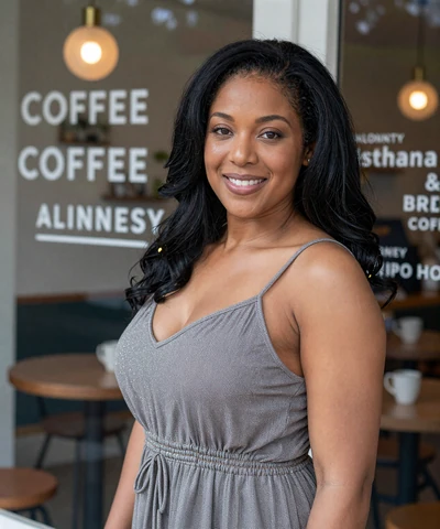 Ashley, 34, in a sundress at an Atlanta coffee shop - trucker dating Atlanta profile