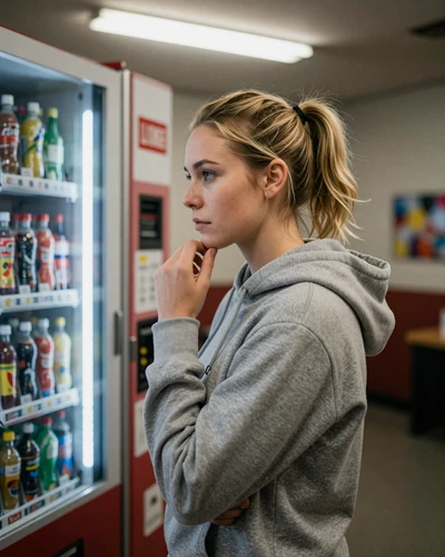 Woman in a hoodie at a rest area vending machine - loneliness on the road for truck drivers