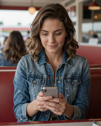 Woman in a denim jacket smiling at her phone in a diner - long haul relationship dating