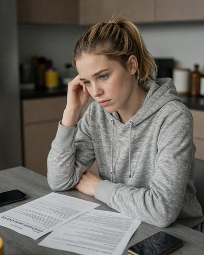 Woman in hoodie at kitchen table - managing stress in a truck driver relationship