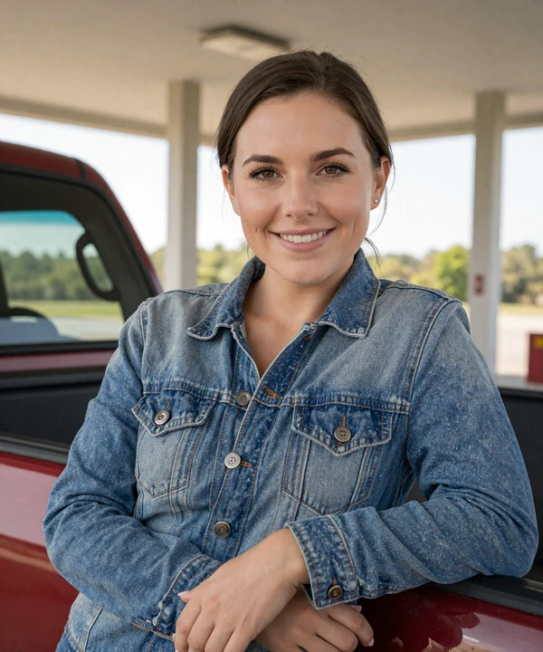 Woman in denim jacket at an Arkansas rest stop - trucker dating Arkansas community member