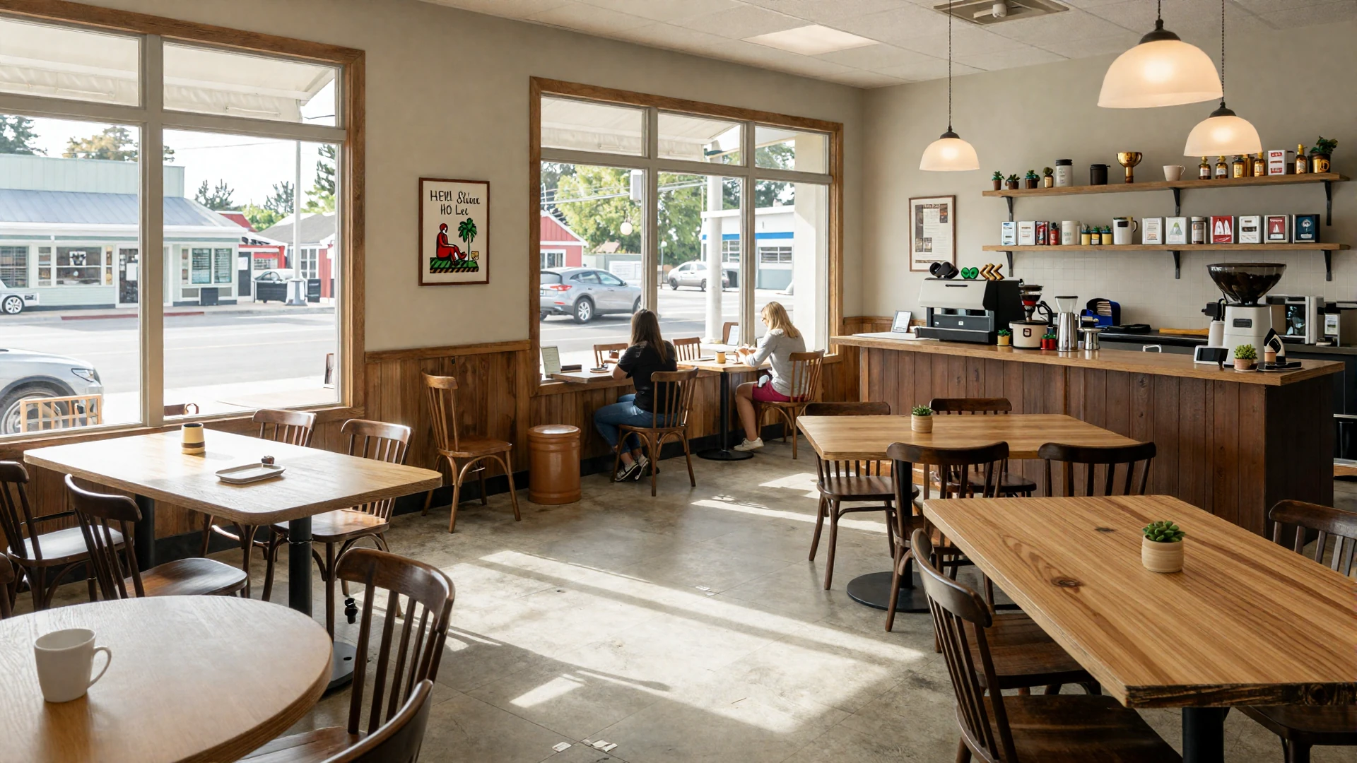 Bright, safe public coffee shop interior for trucker dating first meetings