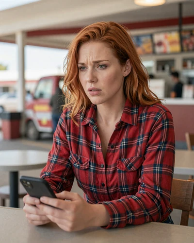 Woman in flannel shirt at truck stop cafe - emergency protocol for trucker relationships