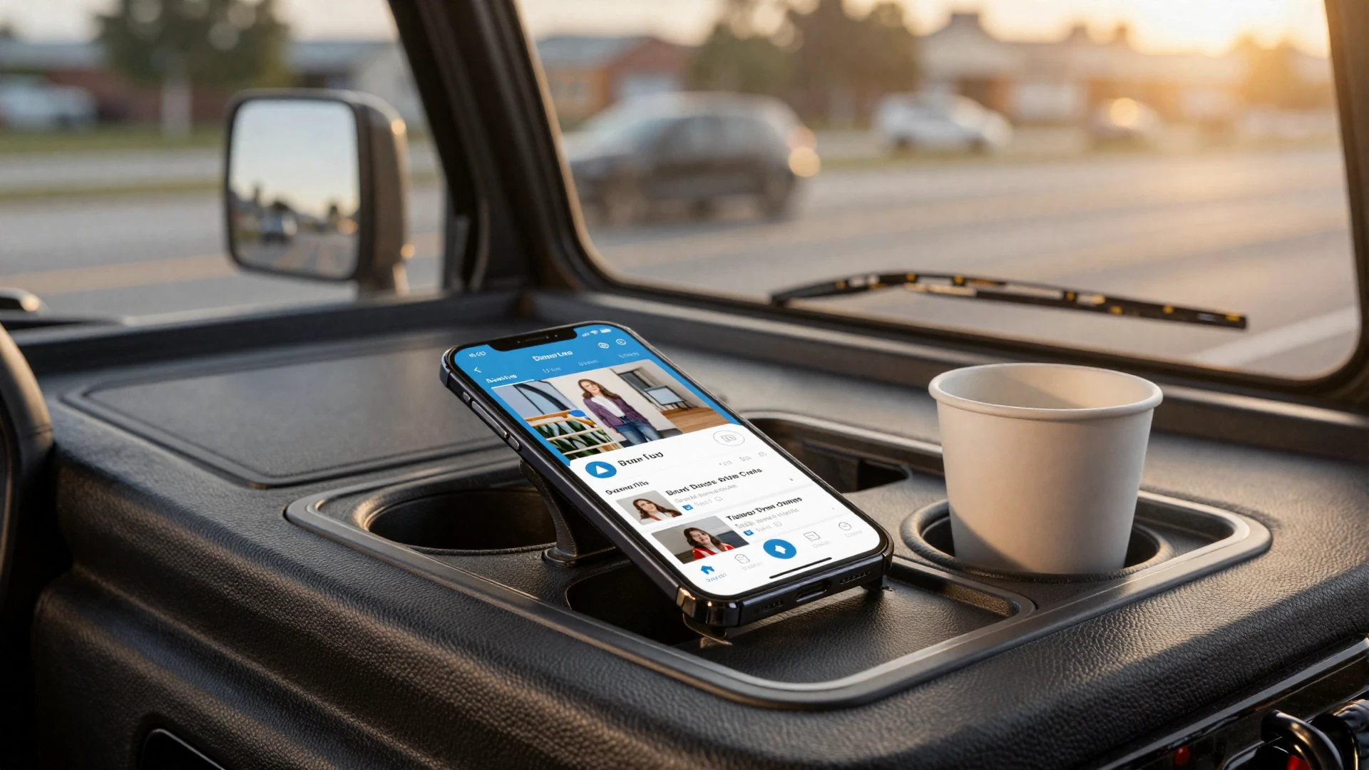 Smartphone on a semi-truck dashboard showing a dating app - why truck drivers struggle with traditional dating apps