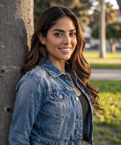 Valeria, 31, in a denim jacket at a Los Angeles park - CDL dating LA profile