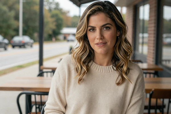 Woman in sweater at an Atlanta roadside cafe - trucker dating Atlanta trust and community
