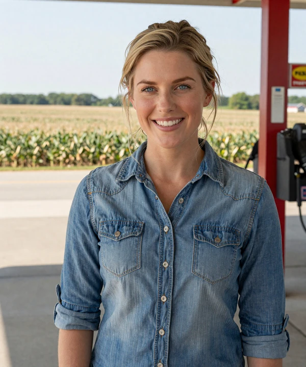 Megan, 32, in a denim shirt at an Iowa rest stop - trucker dating Iowa community member