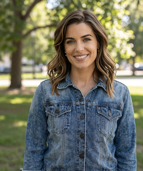Woman in a denim jacket smiling safely at a park - trucker dating safety profile photo