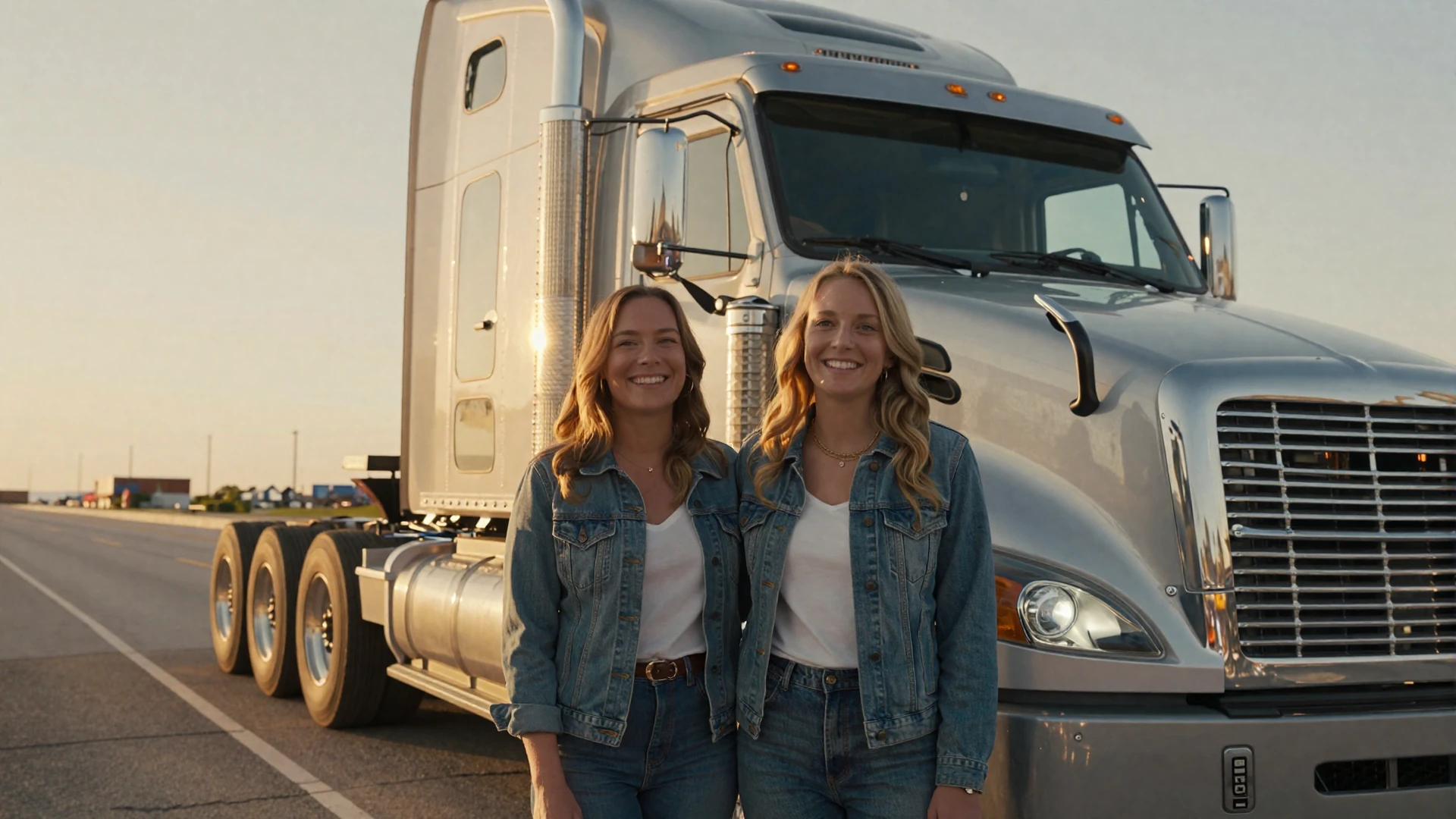 Happy couple standing in front of a semi-truck at sunset - DriveMatch trucker dating success story