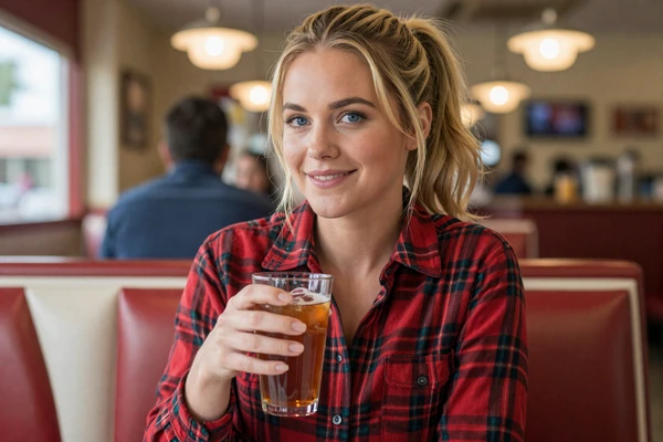 Woman in flannel shirt at an Atlanta area diner - trucker dating Atlanta lifestyle
