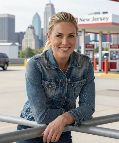 Megan, 36, in a denim jacket at a New Jersey rest stop with NYC skyline - New York trucker dating profile