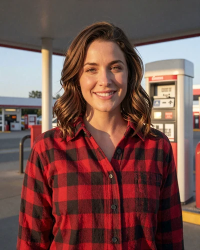 Woman in a flannel shirt smiling at a truck stop - dating a truck driver lifestyle