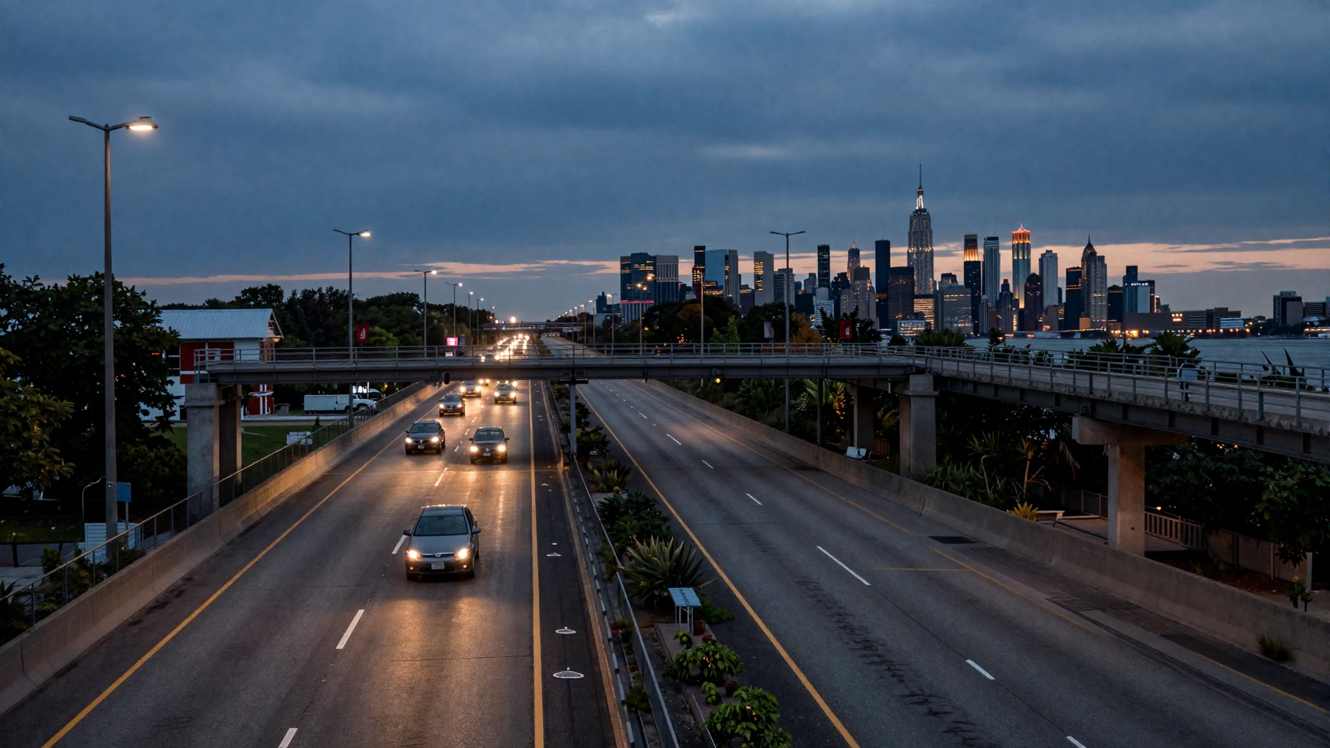 New York area interstate at dusk with Manhattan skyline in the distance - trucker dating New York