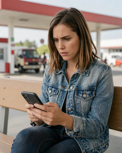Woman in denim jacket looking at phone with frustration at a truck stop - trucker dating app reviews