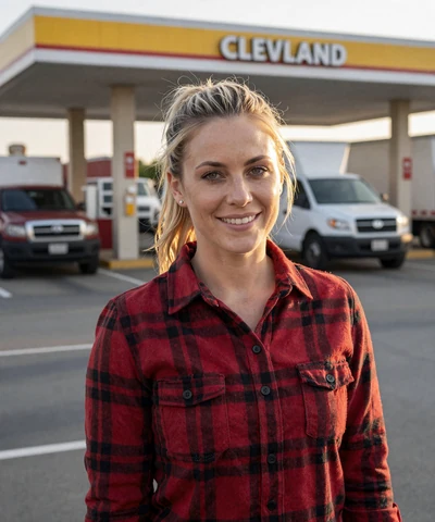 Nicole, 34, in a flannel shirt at a Cleveland truck stop - Ohio CDL dating profile