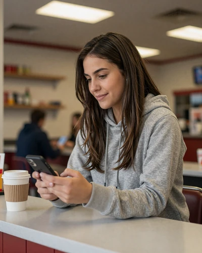 Woman looking at her phone at a truck stop cafe counter - first message tips for trucker dating