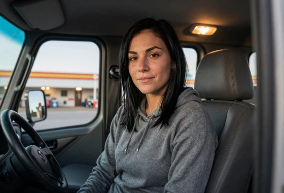 Katelyn, 28, in a thermal hoodie sitting in a truck cab at a Wyoming truck stop - trucker dating app profile