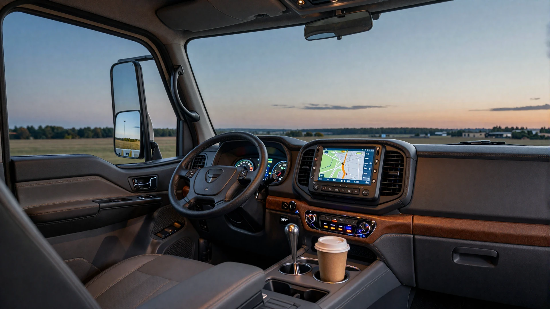Truck cab dashboard with GPS route map - balancing trucking schedules and relationships