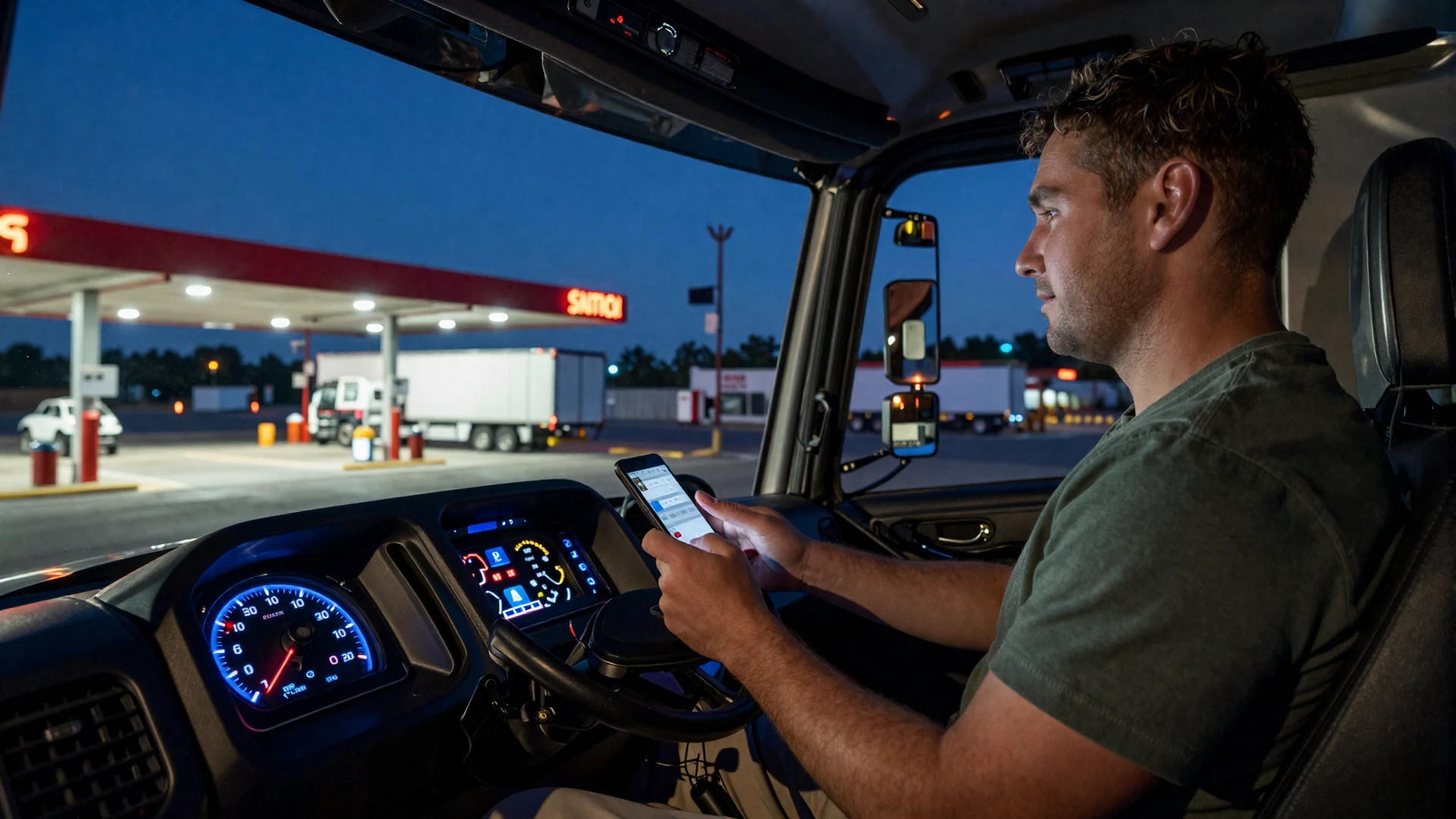 Truck driver using a smartphone in a cab at night - best dating apps for CDL drivers